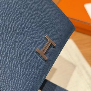 Hermes Bearn Compact Wallet Handmade In Epsom Calfskin Leather Silver Hardware S4 Deep Blue - Image 5