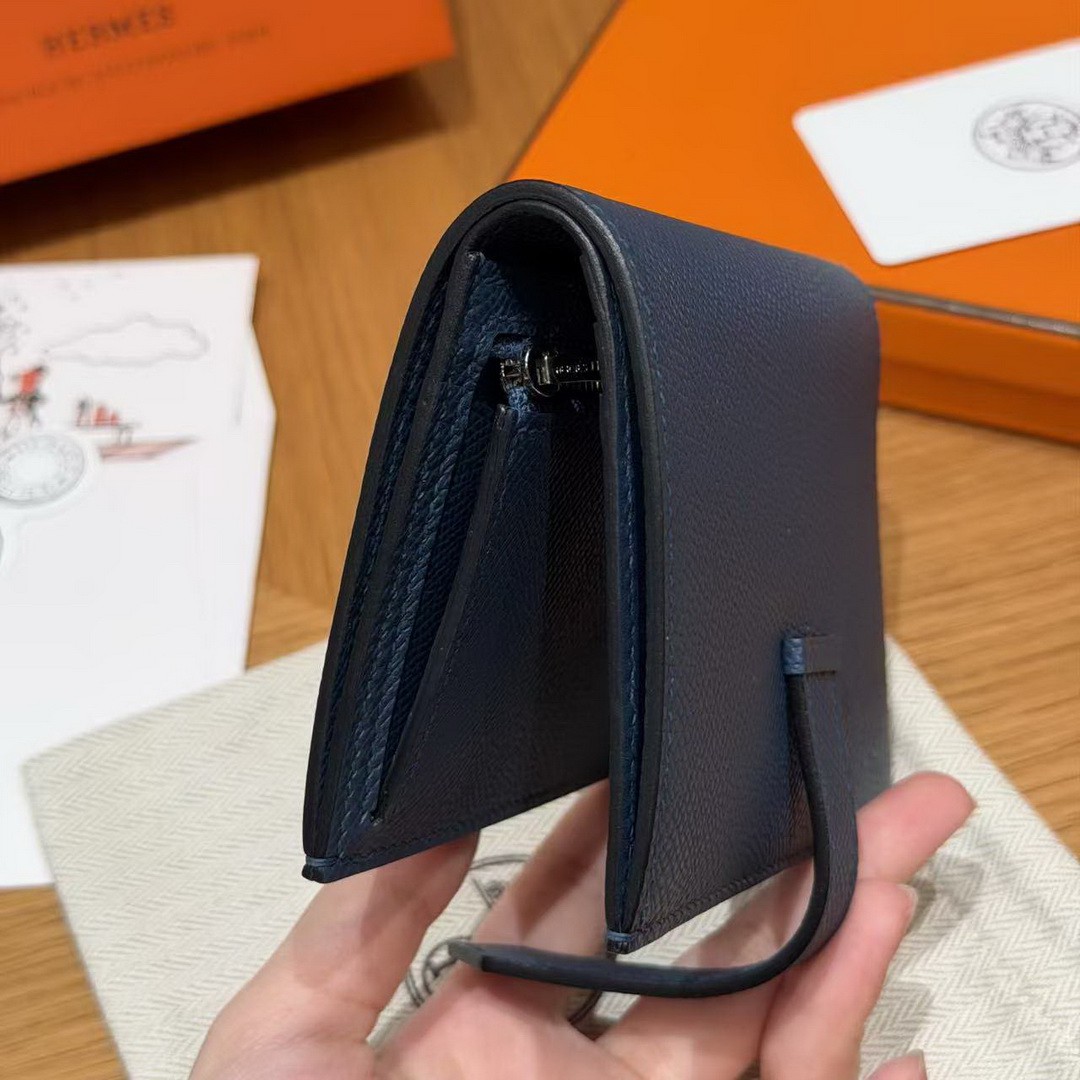 Hermes Bearn Compact Wallet Handmade In Epsom Calfskin Leather Silver Hardware S4 Deep Blue - Image 4