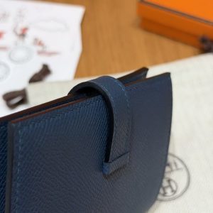 Hermes Bearn Compact Wallet Handmade In Epsom Calfskin Leather Silver Hardware S4 Deep Blue - Image 3