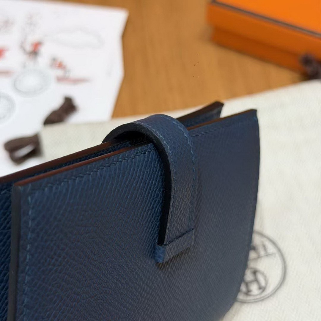 Hermes Bearn Compact Wallet Handmade In Epsom Calfskin Leather Silver Hardware S4 Deep Blue - Image 3