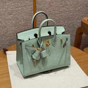 Birkin 20 Bag 6W Menthe Handmade In Matte Alligator Imported Leather Gold Hardware