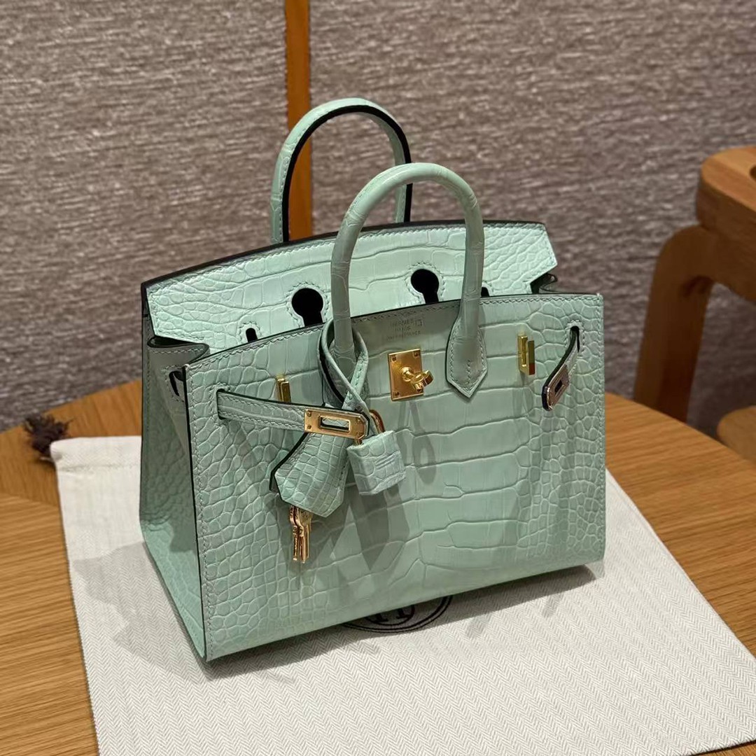 Birkin 20 Bag 6W Menthe Handmade In Matte Alligator Imported Leather Gold Hardware