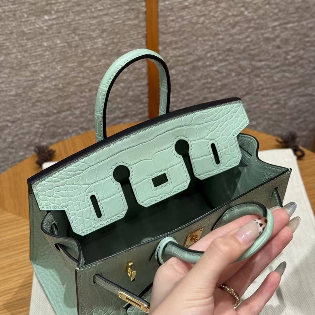 Hermes Birkin 20 Bag Handmade In Matte Alligator Leather Gold Hardware 6W Menthe - Image 9