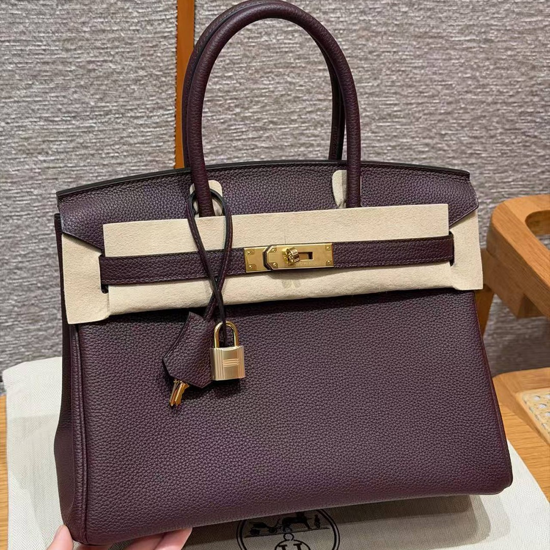 Hermes Birkin 30 Bag Handmade In Togo Calfskin Leather Gold Hardware 0G Rouge Sellier