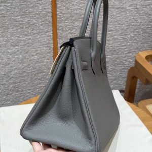Hermes Birkin 30 Bag Handmade In Togo Calfskin Leather Silver Hardware 0L Gris Meyer - Image 17