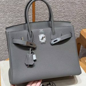 Hermes Birkin 30 Bag Handmade In Togo Calfskin Leather Silver Hardware 0L Gris Meyer - Image 13