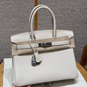 Hermes Birkin 30 Bag Handmade In Togo Calfskin Leather Silver Hardware 10 Craie