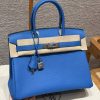 Hermes Birkin 30 Bag Handmade In Togo Calfskin Leather Silver Hardware 17 Blue Zalige