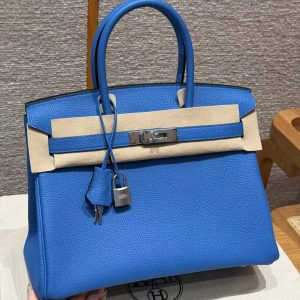 Hermes Birkin 30 Bag Handmade In Togo Calfskin Leather Silver Hardware 17 Blue Zalige