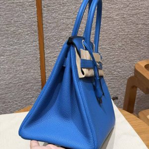 Hermes Birkin 30 Bag Handmade In Togo Calfskin Leather Silver Hardware 17 Blue Zalige - Image 23