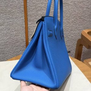 Hermes Birkin 30 Bag Handmade In Togo Calfskin Leather Silver Hardware 17 Blue Zalige - Image 22