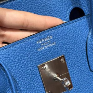 Hermes Birkin 30 Bag Handmade In Togo Calfskin Leather Silver Hardware 17 Blue Zalige - Image 19