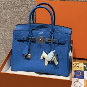 Hermes Birkin 30 Bag Handmade In Togo Calfskin Leather Silver Hardware 17 Blue Zalige - Image 16