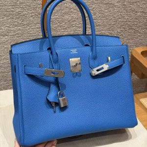 Hermes Birkin 30 Bag Handmade In Togo Calfskin Leather Silver Hardware 17 Blue Zalige - Image 15