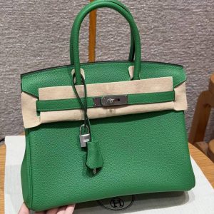 Hermes Birkin 30 Bag Handmade In Togo Calfskin Leather Silver Hardware 1K Bambou