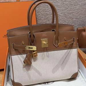 Alternative view of Hermes Birkin 30 Bag Handmade In Swift Calfskin Leather And Canvas Gold Hardware 37 Gold