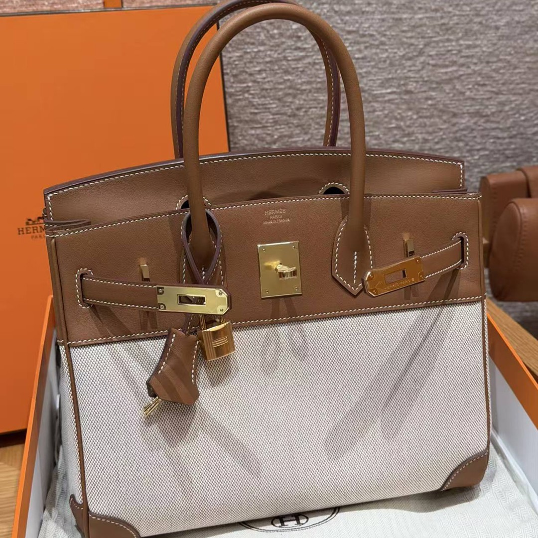 Hermes Birkin 30 Bag Handmade In Swift Calfskin Leather And Canvas Gold Hardware 37 Gold - Image 2