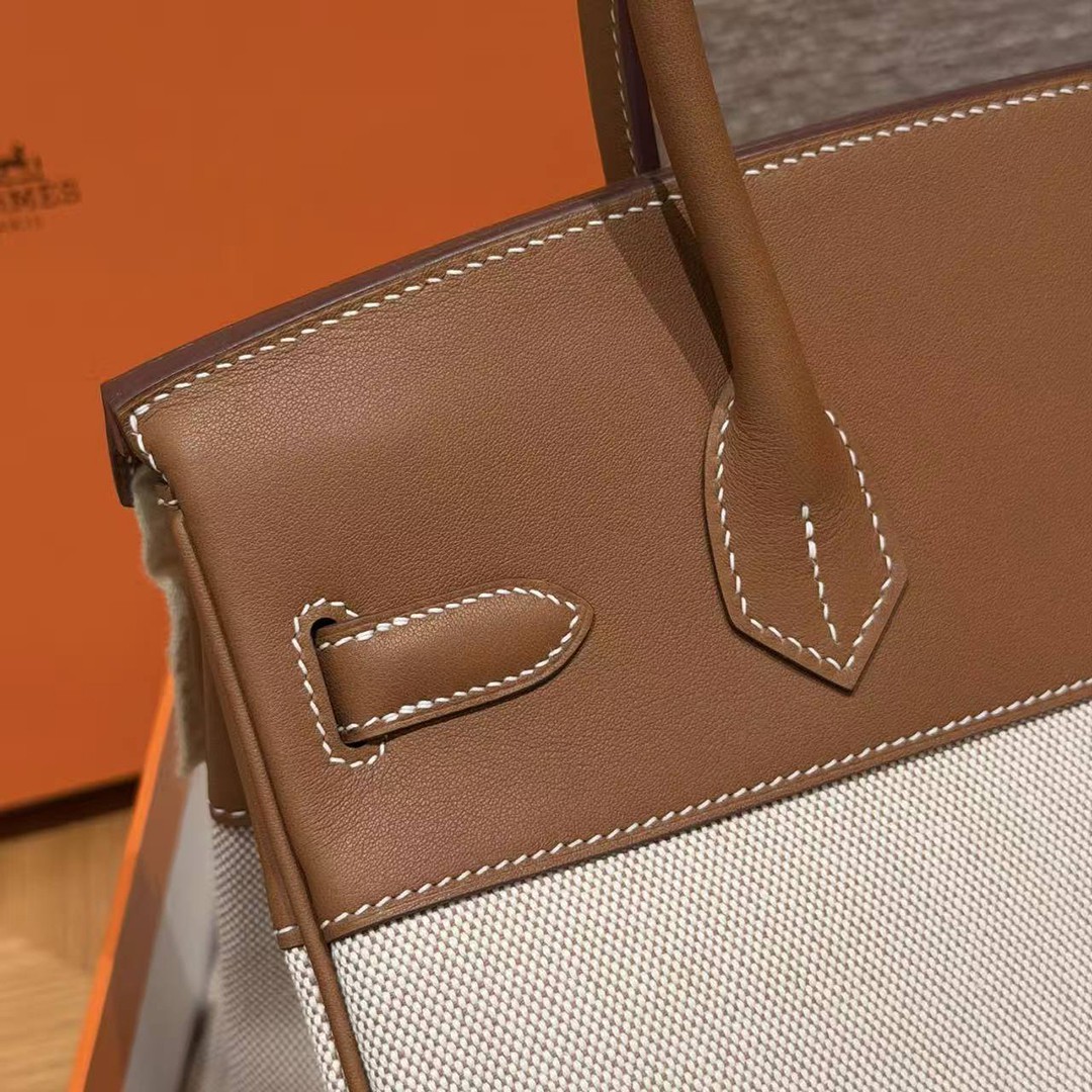 Hermes Birkin 30 Bag Handmade In Swift Calfskin Leather And Canvas Gold Hardware 37 Gold - Image 16