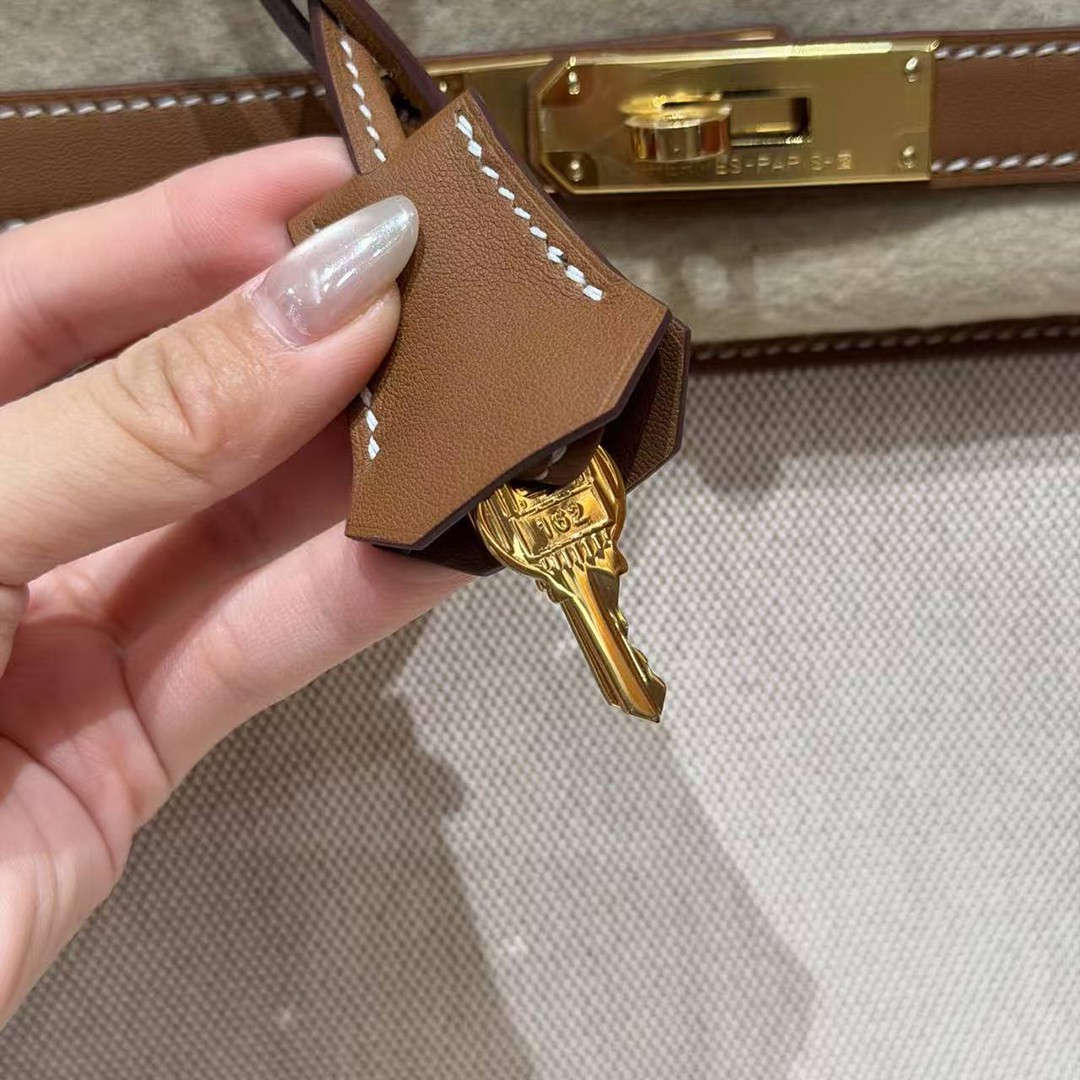 Hermes Birkin 30 Bag Handmade In Swift Calfskin Leather And Canvas Gold Hardware 37 Gold - Image 14