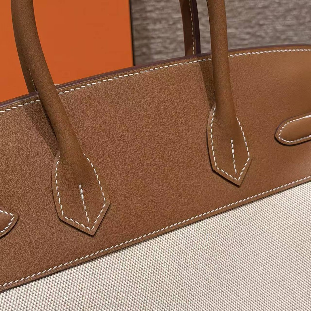 Hermes Birkin 30 Bag Handmade In Swift Calfskin Leather And Canvas Gold Hardware 37 Gold - Image 11
