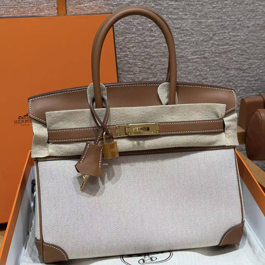 Hermes Birkin 30 Bag Handmade In Swift Calfskin Leather And Canvas Gold Hardware 37 Gold