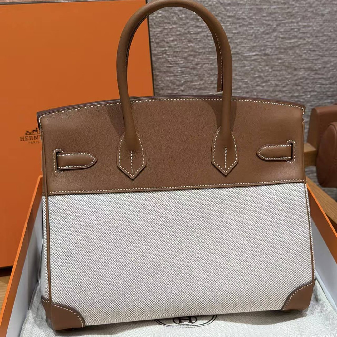 Hermes Birkin 30 Bag Handmade In Swift Calfskin Leather And Canvas Gold Hardware 37 Gold - Image 10