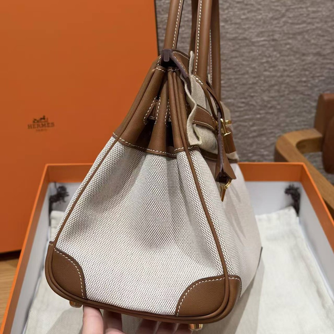 Hermes Birkin 30 Bag Handmade In Swift Calfskin Leather And Canvas Gold Hardware 37 Gold - Image 9