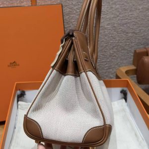 Hermes Birkin 30 Bag Handmade In Swift Calfskin Leather And Canvas Gold Hardware 37 Gold - Image 8