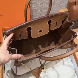 Hermes Birkin 30 Bag Handmade In Swift Calfskin Leather And Canvas Gold Hardware 37 Gold - Image 6