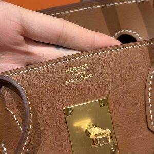 Hermes Birkin 30 Bag Handmade In Swift Calfskin Leather And Canvas Gold Hardware 37 Gold - Image 4