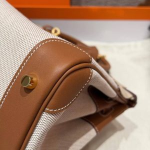 Hermes Birkin 30 Bag Handmade In Swift Calfskin Leather And Canvas Gold Hardware 37 Gold - Image 3
