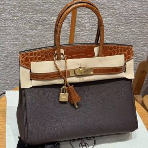 Hermes Birkin 30 Bag Handmade In Togo Calfskin Leather Niloticus Crocodile Leather Gold Hardware 47 Chocolate 33 Miel