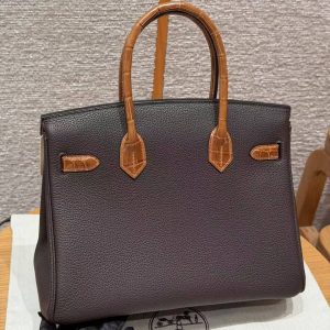 Alternative view of Hermes Birkin 30 Bag Handmade In Togo Calfskin Leather Niloticus Crocodile Leather Gold Hardware 47 Chocolate 33 Miel