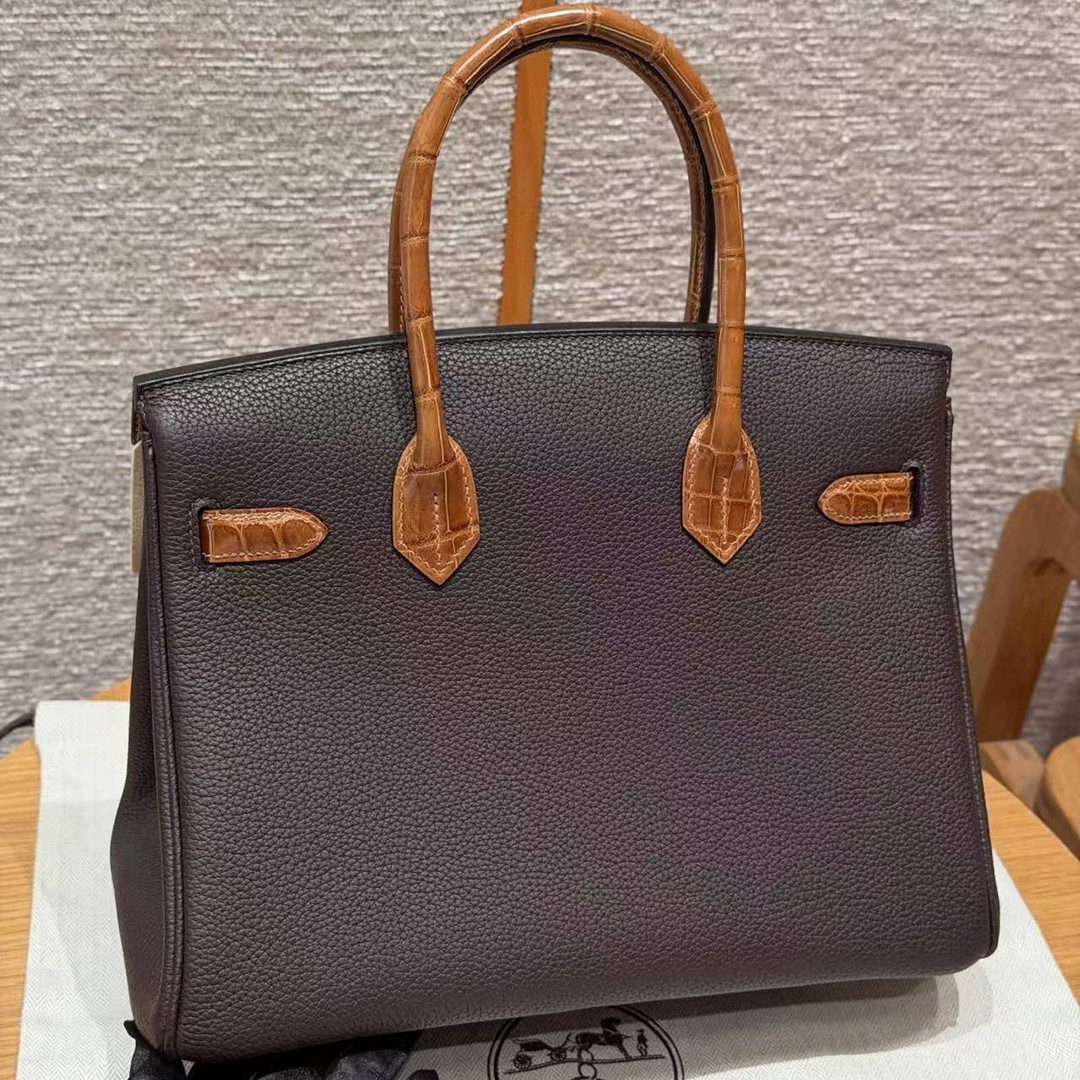 Hermes Birkin 30 Bag Handmade In Togo Calfskin Leather Niloticus Crocodile Leather Gold Hardware 47 Chocolate 33 Miel - Image 2