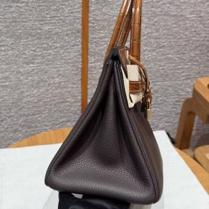 Hermes Birkin 30 Bag Handmade In Togo Calfskin Leather Niloticus Crocodile Leather Gold Hardware 47 Chocolate 33 Miel - Image 21