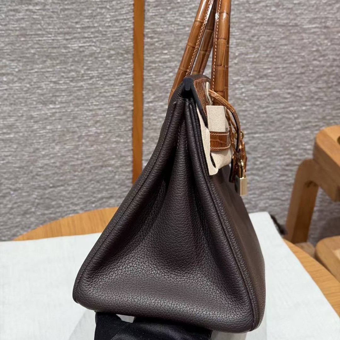 Hermes Birkin 30 Bag Handmade In Togo Calfskin Leather Niloticus Crocodile Leather Gold Hardware 47 Chocolate 33 Miel - Image 21