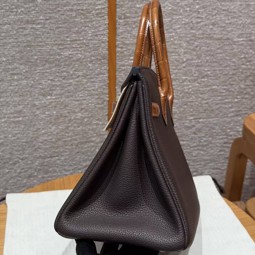 Hermes Birkin 30 Bag Handmade In Togo Calfskin Leather Niloticus Crocodile Leather Gold Hardware 47 Chocolate 33 Miel - Image 20