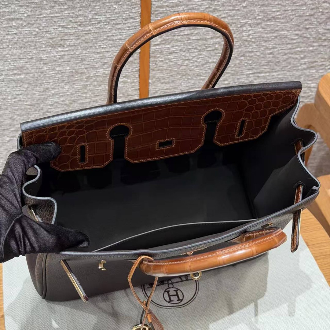 Hermes Birkin 30 Bag Handmade In Togo Calfskin Leather Niloticus Crocodile Leather Gold Hardware 47 Chocolate 33 Miel - Image 18