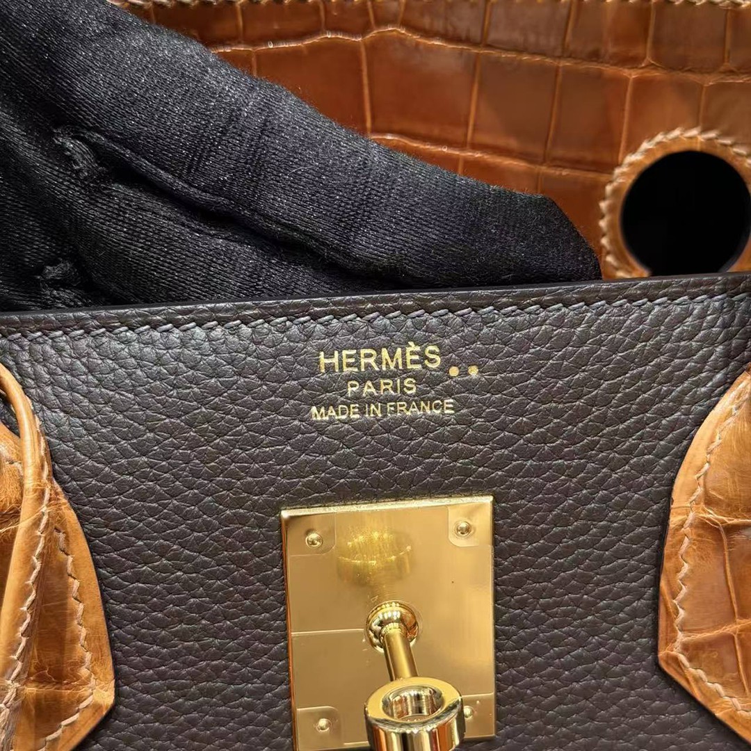 Hermes Birkin 30 Bag Handmade In Togo Calfskin Leather Niloticus Crocodile Leather Gold Hardware 47 Chocolate 33 Miel - Image 17