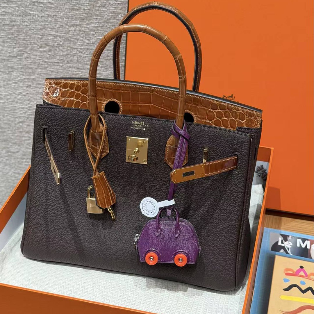 Hermes Birkin 30 Bag Handmade In Togo Calfskin Leather Niloticus Crocodile Leather Gold Hardware 47 Chocolate 33 Miel - Image 14