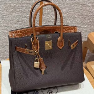 Hermes Birkin 30 Bag Handmade In Togo Calfskin Leather Niloticus Crocodile Leather Gold Hardware 47 Chocolate 33 Miel - Image 13