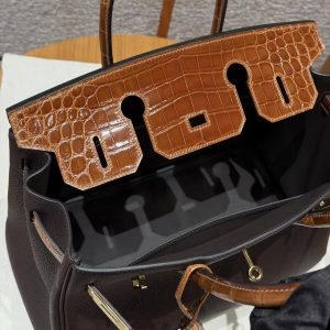 Hermes Birkin 30 Bag Handmade In Togo Calfskin Leather Niloticus Crocodile Leather Gold Hardware 47 Chocolate 33 Miel - Image 12