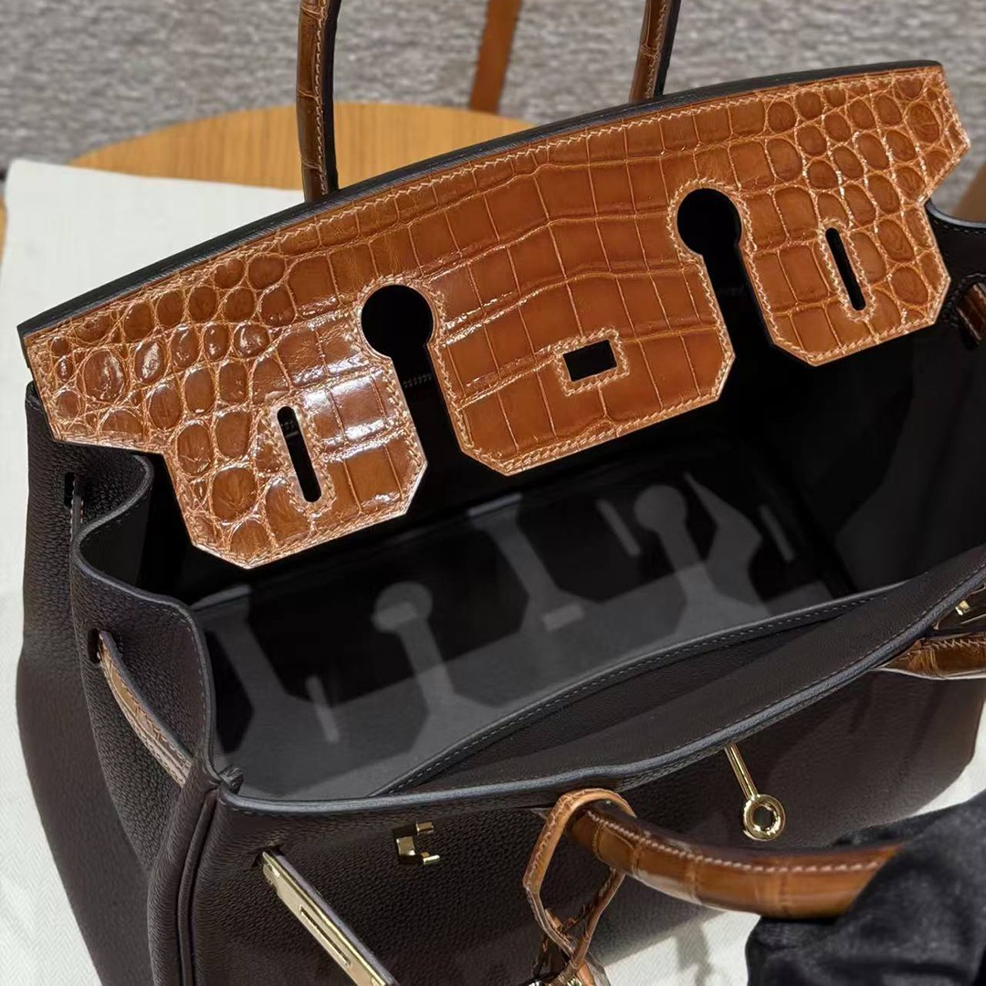 Hermes Birkin 30 Bag Handmade In Togo Calfskin Leather Niloticus Crocodile Leather Gold Hardware 47 Chocolate 33 Miel - Image 12