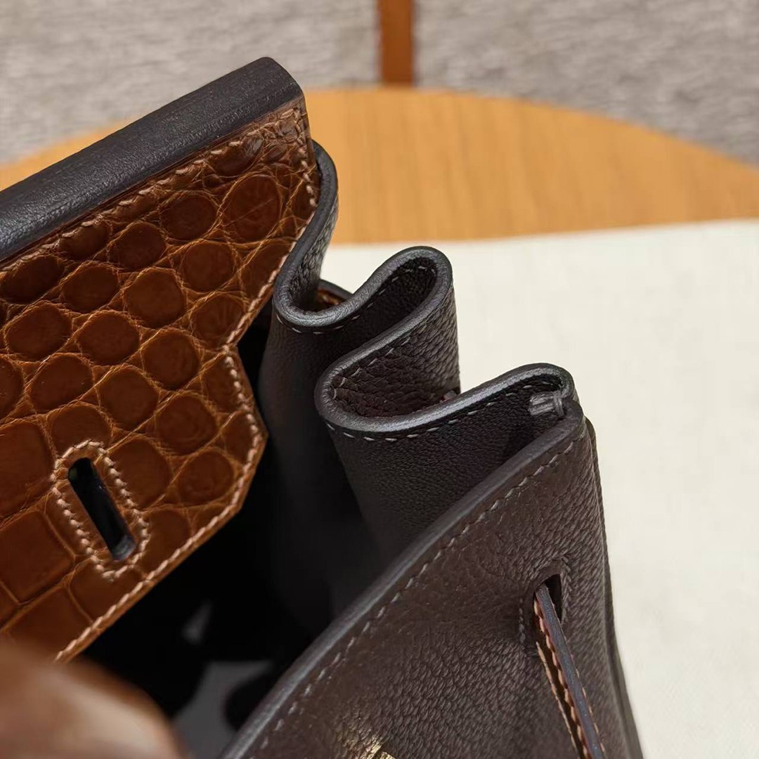 Hermes Birkin 30 Bag Handmade In Togo Calfskin Leather Niloticus Crocodile Leather Gold Hardware 47 Chocolate 33 Miel - Image 11
