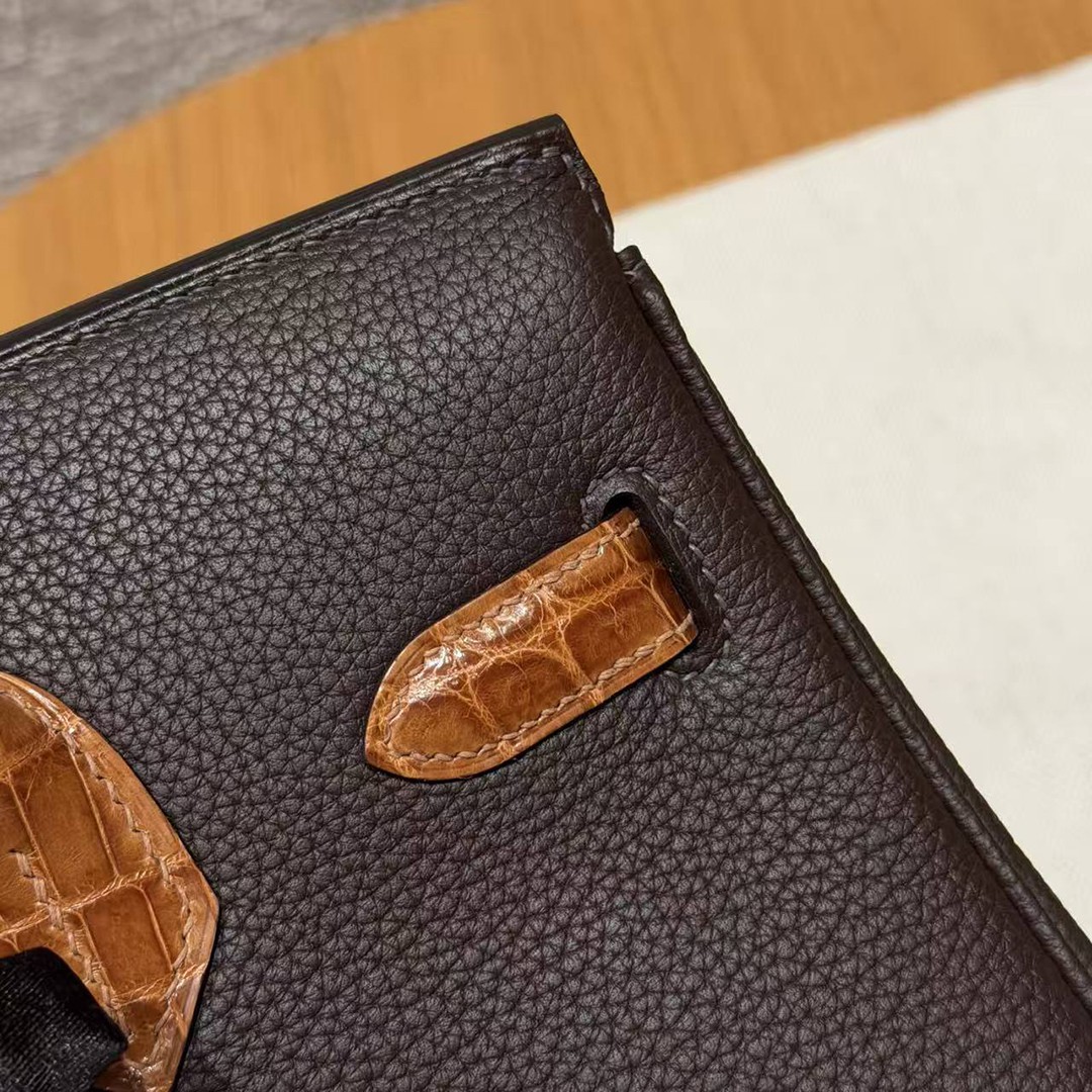 Hermes Birkin 30 Bag Handmade In Togo Calfskin Leather Niloticus Crocodile Leather Gold Hardware 47 Chocolate 33 Miel - Image 7