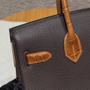 Hermes Birkin 30 Bag Handmade In Togo Calfskin Leather Niloticus Crocodile Leather Gold Hardware 47 Chocolate 33 Miel - Image 5