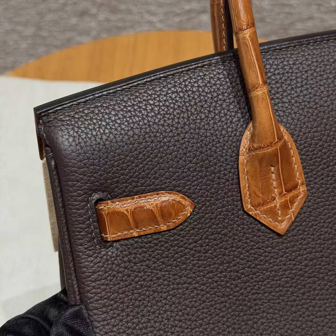 Hermes Birkin 30 Bag Handmade In Togo Calfskin Leather Niloticus Crocodile Leather Gold Hardware 47 Chocolate 33 Miel - Image 5