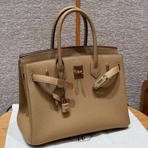 Hermes Birkin 30 Bag Handmade In Togo Calfskin Leather Gold Hardware 4B Biscuit - Image 13
