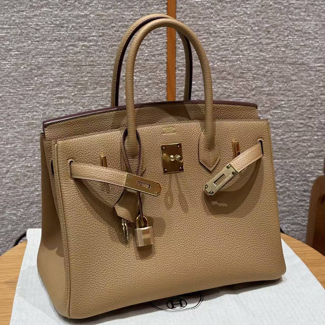 Hermes Birkin 30 Bag Handmade In Togo Calfskin Leather Gold Hardware 4B Biscuit - Image 13