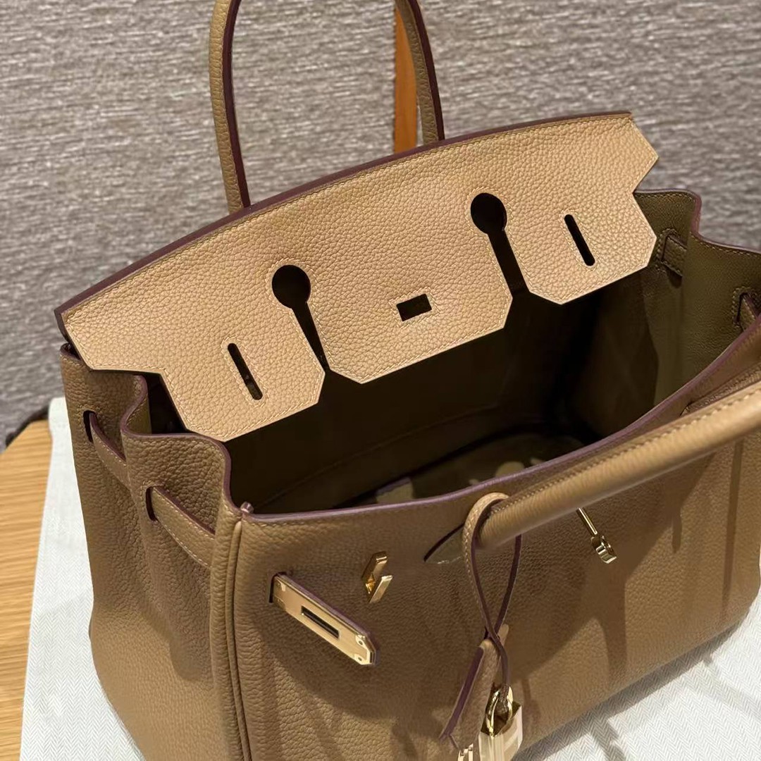 Hermes Birkin 30 Bag Handmade In Togo Calfskin Leather Gold Hardware 4B Biscuit - Image 10